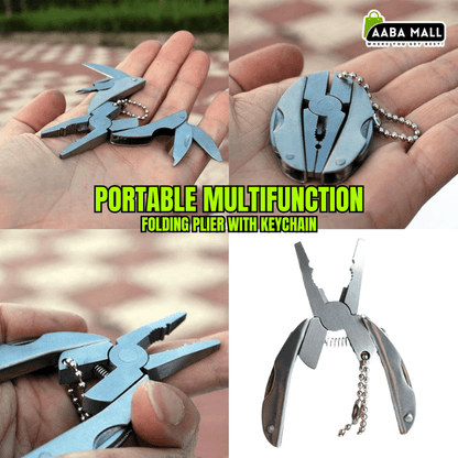 Portable multifunctional folding plier with keychain held in hand, displayed on a blurred outdoor background.