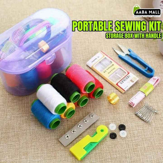 Portable sewing kit storage box with handle
