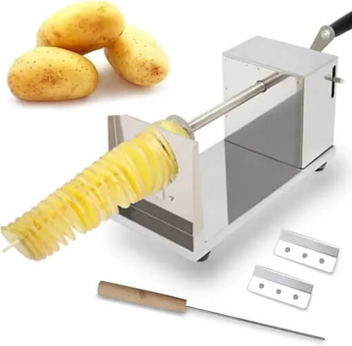 Potato peeler with potatoes and replacement blades on a white background