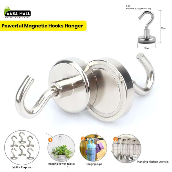 Metallic magnetic hooks hanger with dimensions and uses on a white background