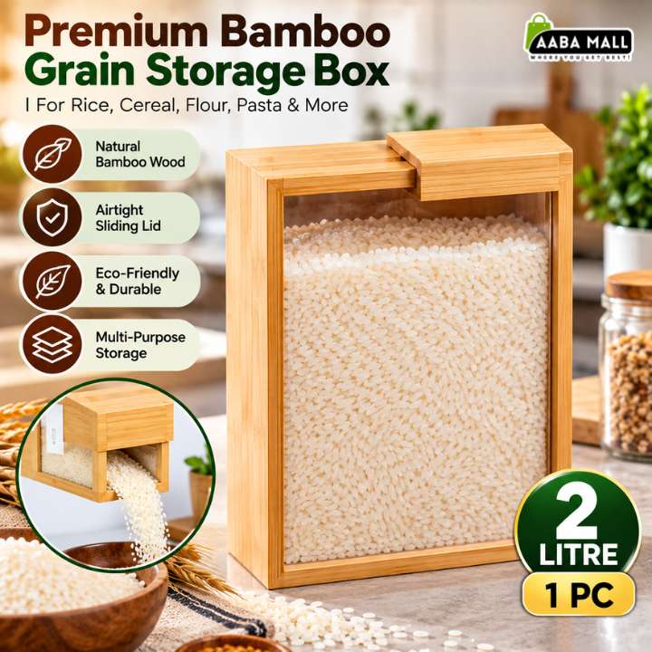 Natural bamboo wooden grain storage box with lid for storing rice, cereals, grains, flour, and dry food in an organized kitchen pantry