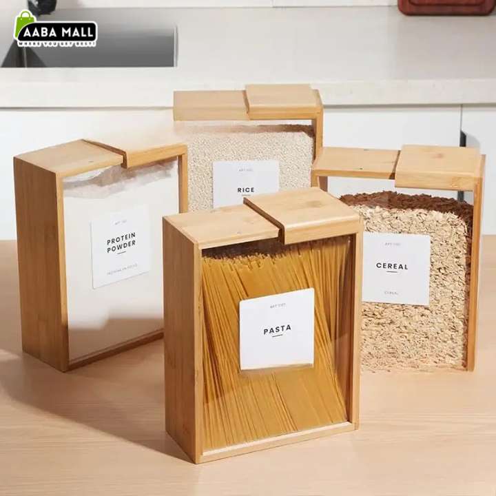 Natural bamboo wooden grain storage box with lid for storing rice, cereals, grains, flour, and dry food in an organized kitchen pantry