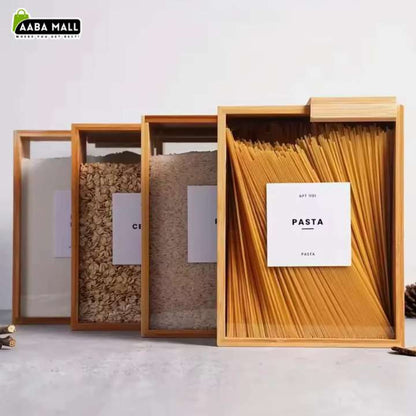 Natural bamboo wooden grain storage box with lid for storing rice, cereals, grains, flour, and dry food in an organized kitchen pantry