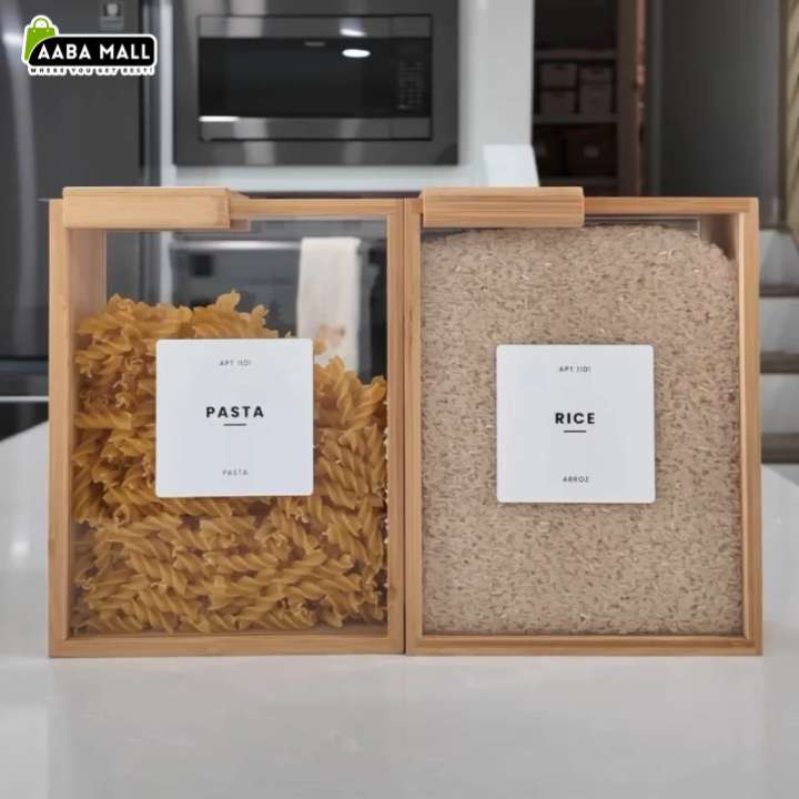 Natural bamboo wooden grain storage box with lid for storing rice, cereals, grains, flour, and dry food in an organized kitchen pantry