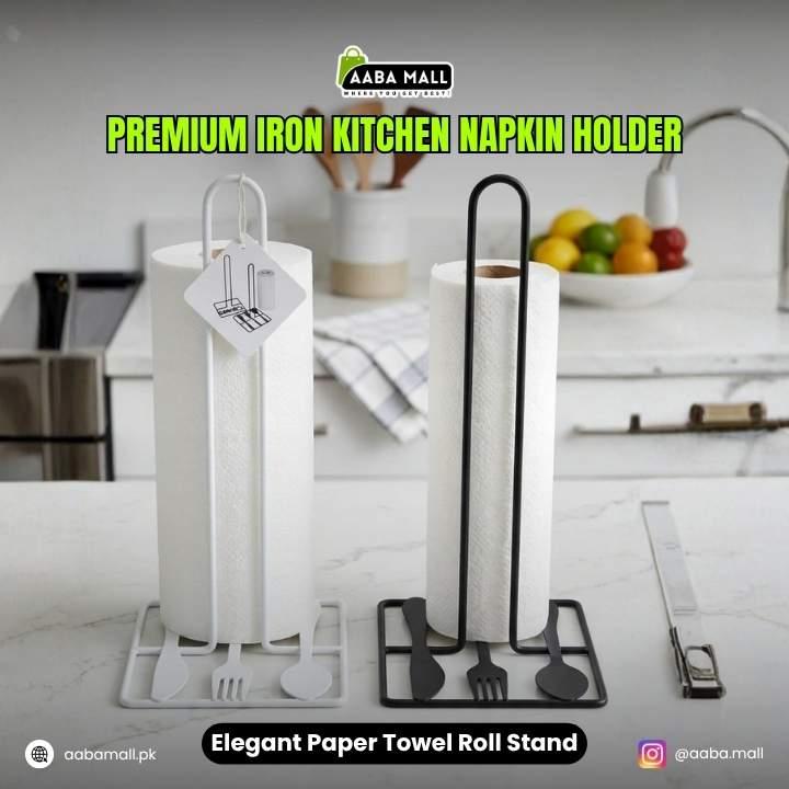 Premium iron kitchen napkin holder with paper towel stand on a kitchen counter.