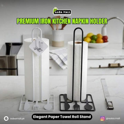 Premium iron kitchen napkin holder with paper towel stand on a kitchen counter.