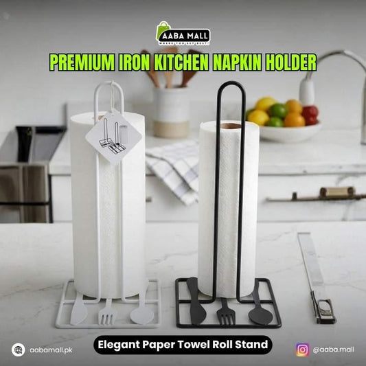 Premium iron kitchen napkin holder with paper towel stand on a kitchen counter.