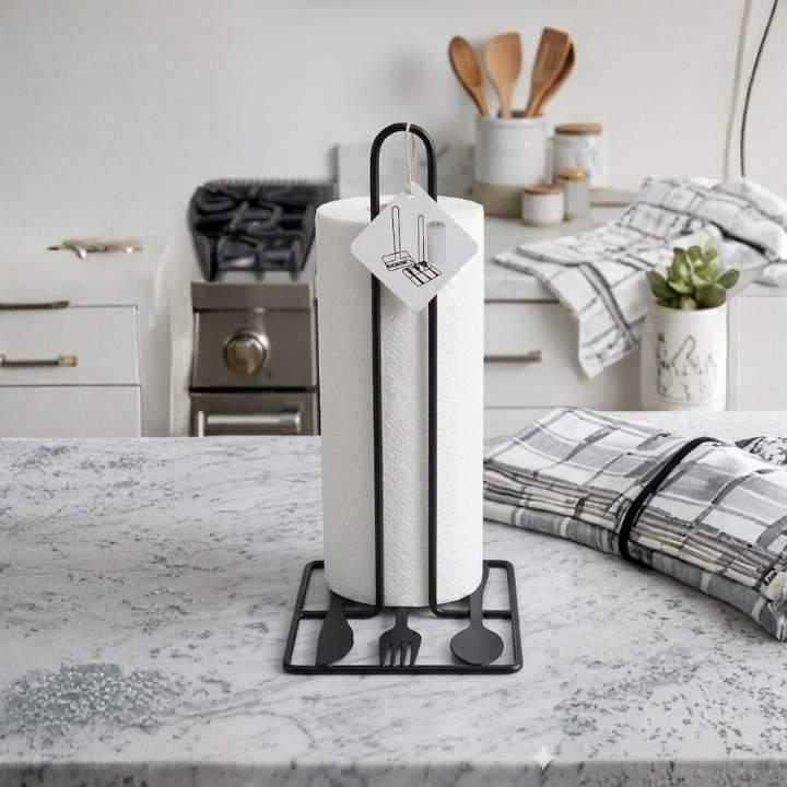 Paper towel holder with a roll of paper towels on a kitchen counter.