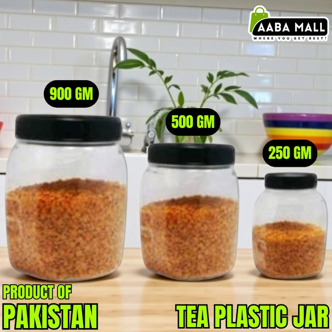 Three Plastic Airtight jars with black lids on a kitchen counter, labeled with weight and product details.