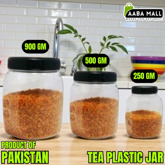 Three Plastic Airtight jars with black lids on a kitchen counter, labeled with weight and product details.