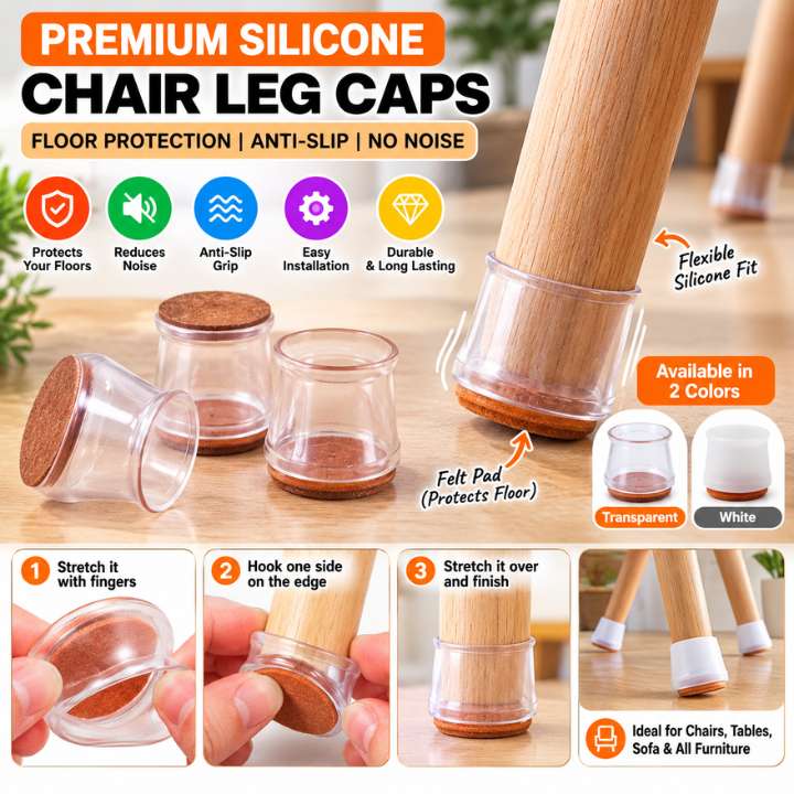 Premium Silicone Chair Leg Caps Anti-Slip Furniture Feet Covers in White and Transparent for Chair and Table Floor Protection