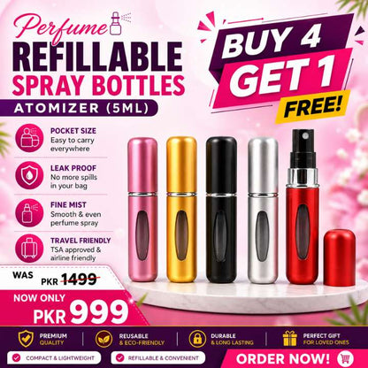 Promotional advertisement for refillable perfume spray bottles with various colors on a pink background.