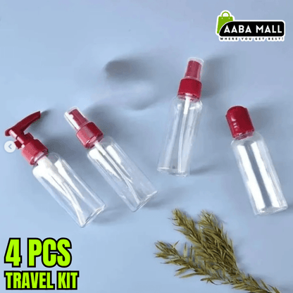 Four clear travel bottles with red caps on a light blue background, featuring AABA MALL branding.