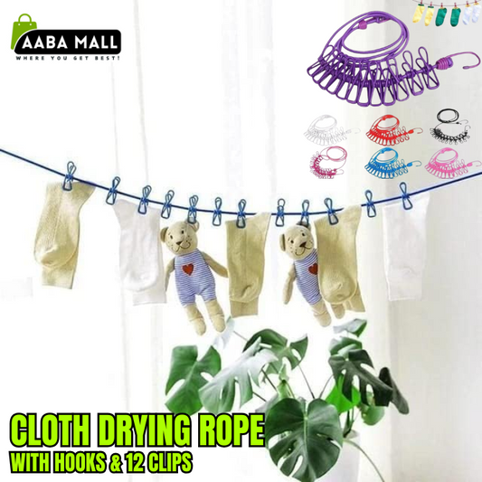 Cloth Drying Rope with Hooks & 12 Clips – Elastic Clothesline for Travel, Home & Outdoor Use – Kapde Sukhane Ki Rassi Wire (Multicolor)