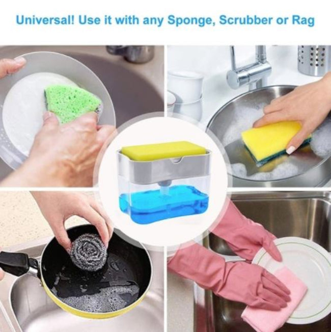 A white plastic push soap dispenser with a clear reservoir, showing a yellow scrub sponge resting on top of the pump mechanism, positioned next to a kitchen sink.