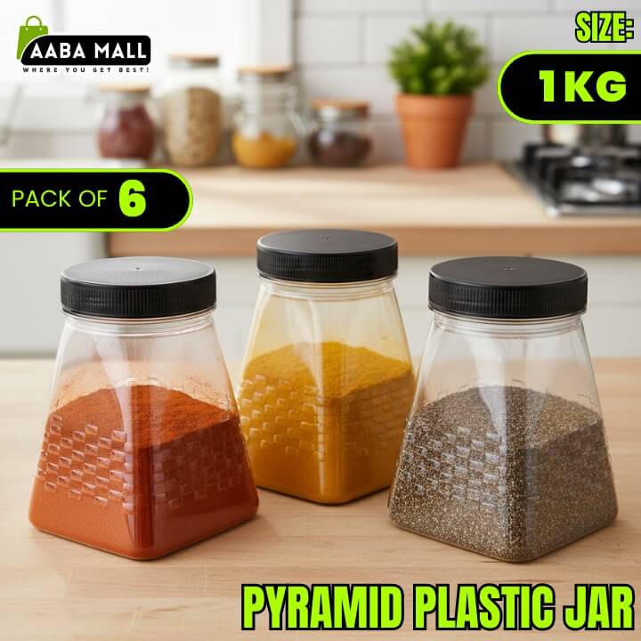 Three pyramid plastic jars with black lids on a kitchen counter, containing different spices.