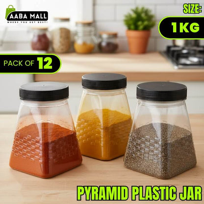 Three pyramid plastic jars with black lids on a kitchen counter, containing different colored powders.