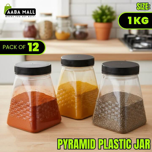 Three pyramid plastic jars with black lids on a kitchen counter, containing different colored powders.