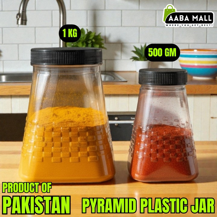 Two pyramid plastic jars filled with spices on a kitchen counter, labeled with weight and product origin.