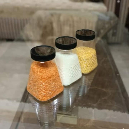 6 Pcs Small Pyramid Design Storage Jar Set (500GMS) with Rack ? Food Grade Plastic Candy & Spice Organizer
