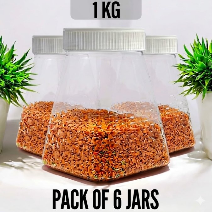 Pack of 6 Pyramid jars 1 Kg on a white background, featuring product details and branding.