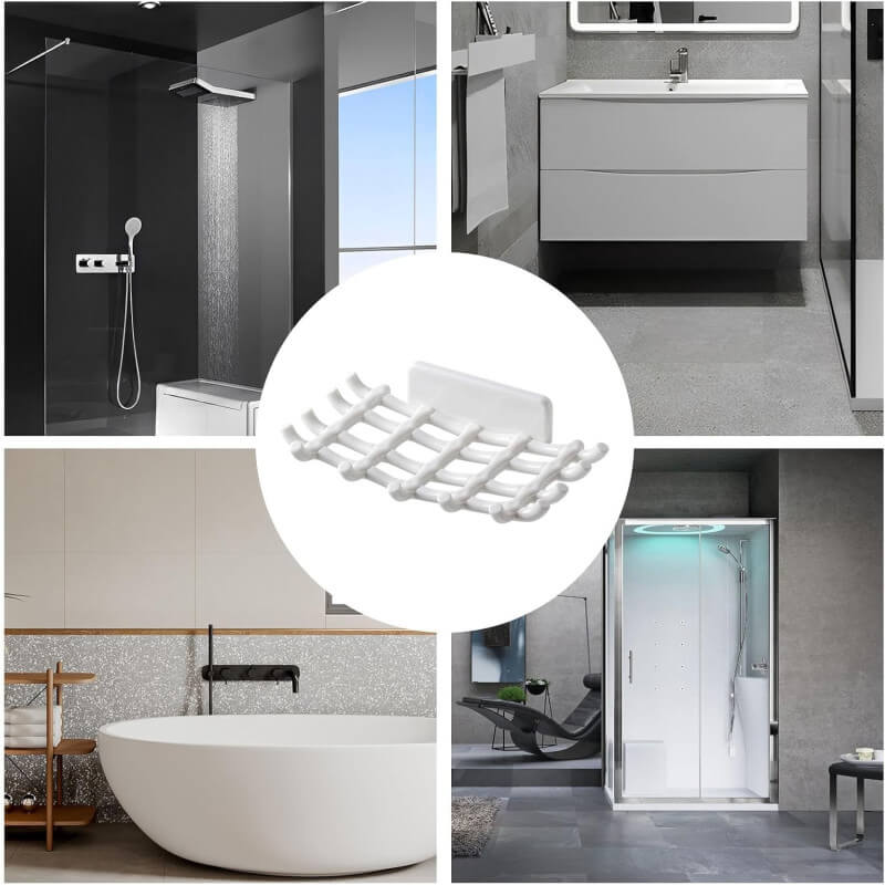 Collage of bathroom scenes with a focus on a white metal towel rack.