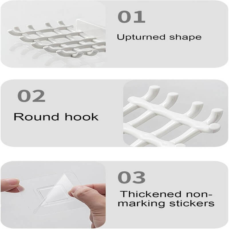 Three types of wall hooks with labels on a white background