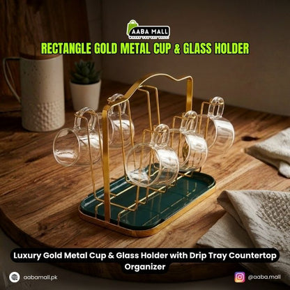 Rectangle Luxury Gold Metal Cup & Glass Holder with Drip Tray Countertop Organizer