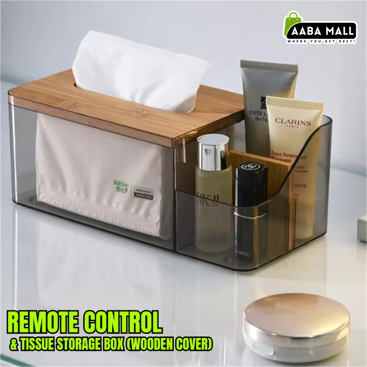 multi functional remote control tissue storage box with wooden cover