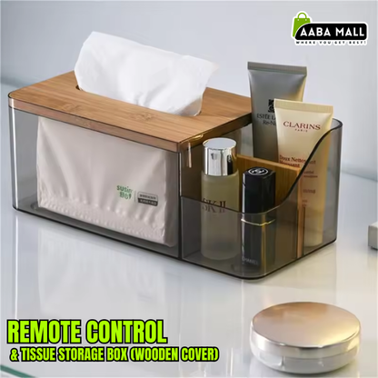 multi functional remote control tissue storage box with wooden cover