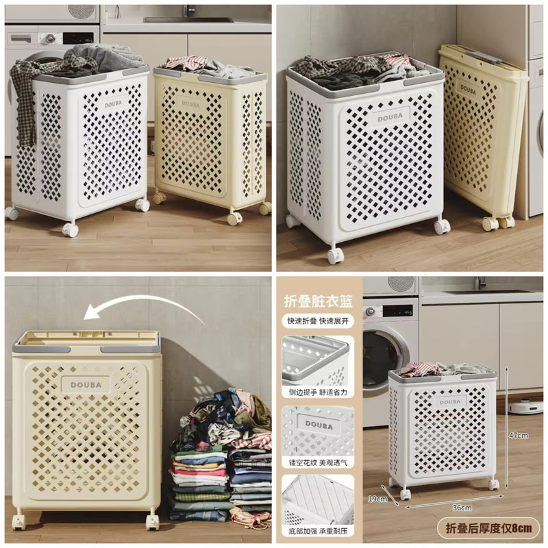 Collapsible plastic laundry basket with side handles