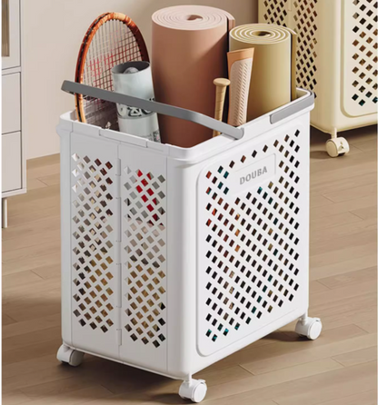 Collapsible plastic laundry basket with side handles