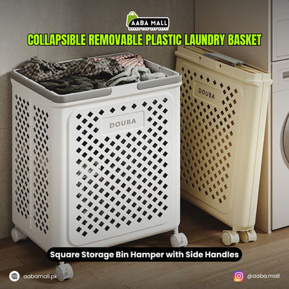 Collapsible plastic laundry basket with side handles