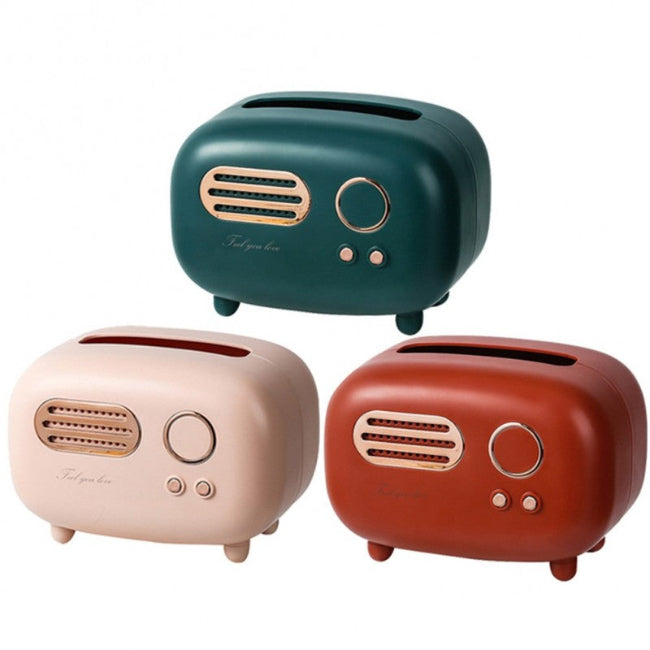 Retro radio model tissue box holder, vintage desk decor and napkin dispenser for living room