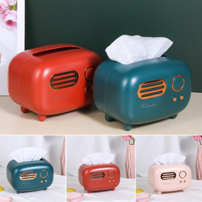 Retro radio model tissue box holder, vintage desk decor and napkin dispenser for living room