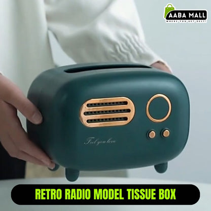 Retro radio model tissue box held by a person with 'AABA MALL' branding.