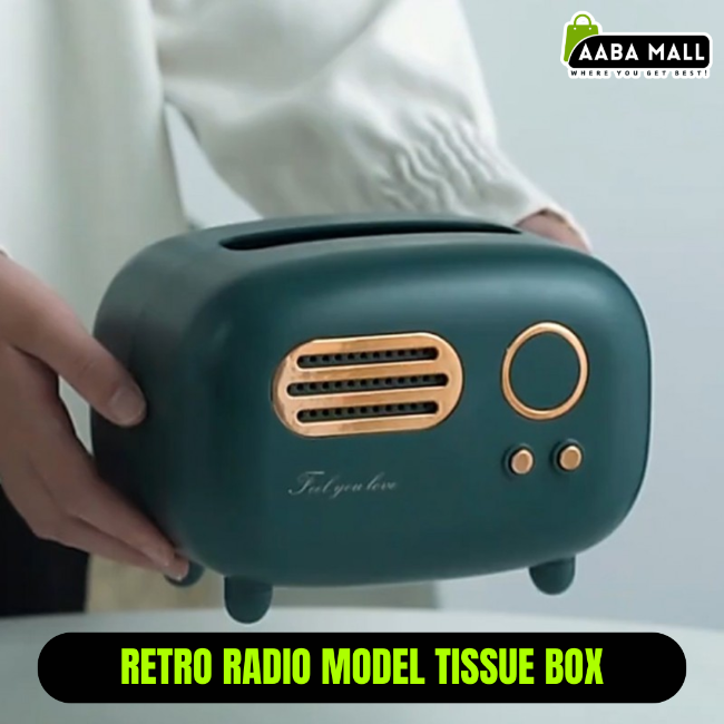 Retro radio model tissue box holder, vintage desk decor and napkin dispenser for living room