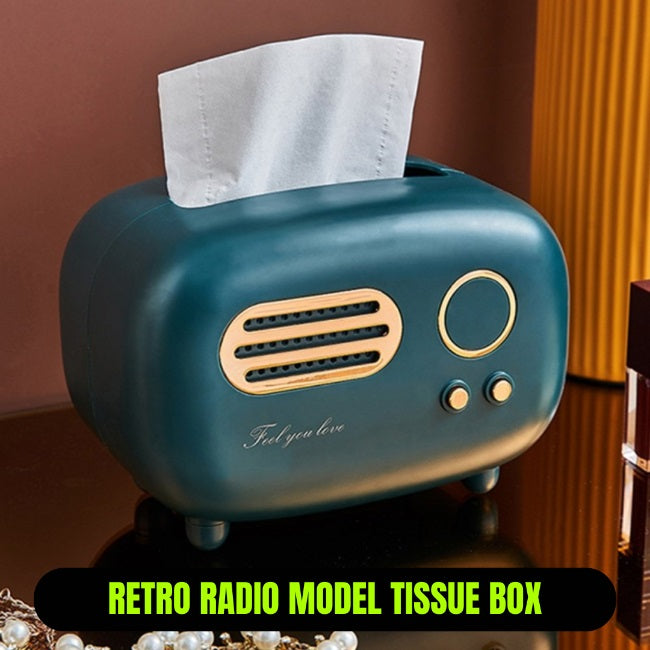 Retro radio model tissue box with tissues on a wooden surface