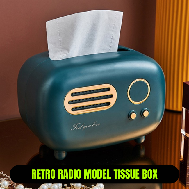 Retro radio model tissue box holder, vintage desk decor and napkin dispenser for living room