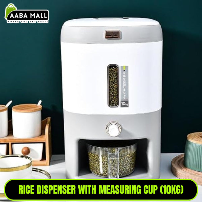 10KG plastic rice bucket food dispenser container with a white lid and handle, shown on a kitchen floor or pantry shelf, containing bulk white rice.