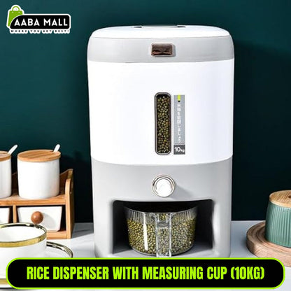 10KG plastic rice bucket food dispenser container with a white lid and handle, shown on a kitchen floor or pantry shelf, containing bulk white rice.
