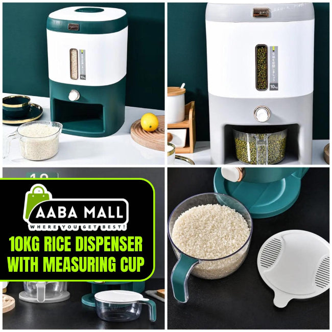 10KG plastic rice bucket food dispenser container with a white lid and handle, shown on a kitchen floor or pantry shelf, containing bulk white rice.