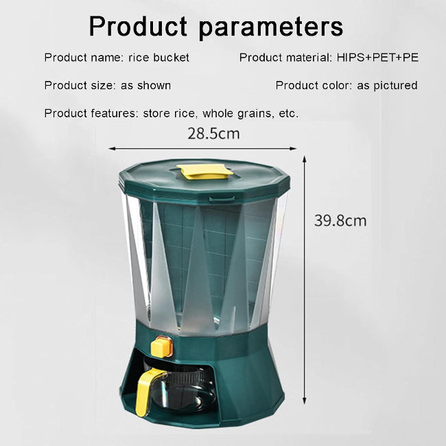 Large 10KG airtight plastic multi-purpose storage container with a locking blue lid and handle, shown filled with white rice, sitting inside a kitchen pantry.