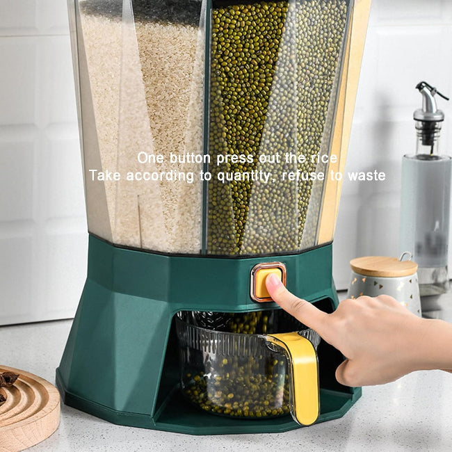 Large 10KG airtight plastic multi-purpose storage container with a locking blue lid and handle, shown filled with white rice, sitting inside a kitchen pantry.