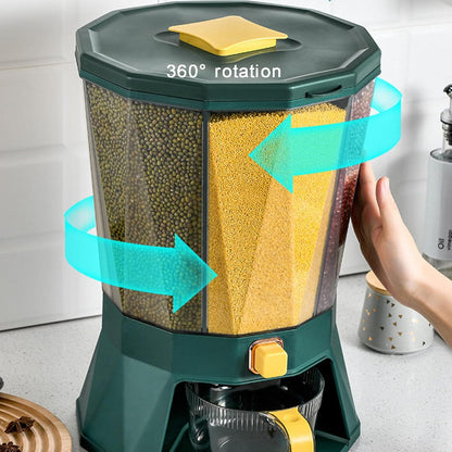 Large 10KG airtight plastic multi-purpose storage container with a locking blue lid and handle, shown filled with white rice, sitting inside a kitchen pantry.