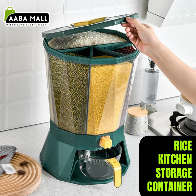 Large 10KG airtight plastic multi-purpose storage container with a locking blue lid and handle, shown filled with white rice, sitting inside a kitchen pantry.