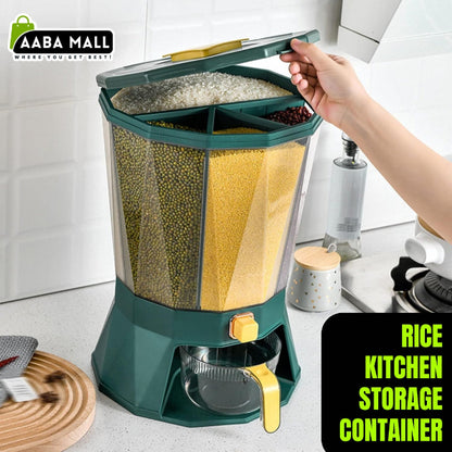 Large 10KG airtight plastic multi-purpose storage container with a locking blue lid and handle, shown filled with white rice, sitting inside a kitchen pantry.