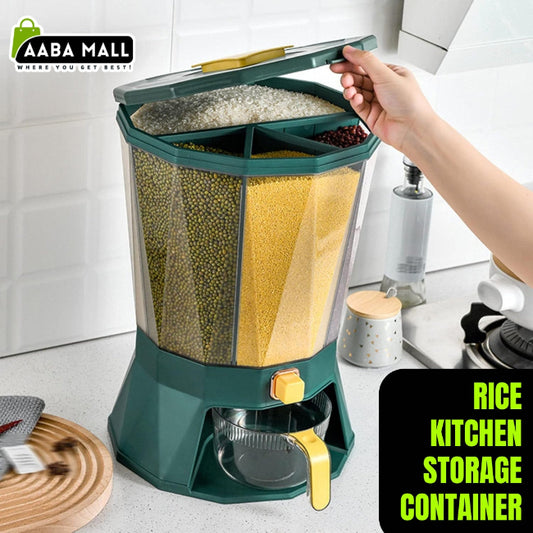 Large 10KG airtight plastic multi-purpose storage container with a locking blue lid and handle, shown filled with white rice, sitting inside a kitchen pantry.