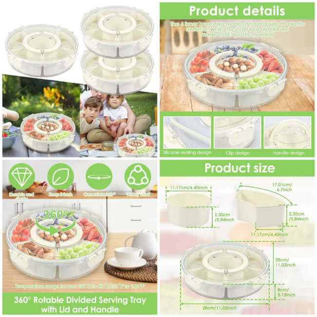 Rotating Snack Organizer Dry Fruit Tray with 5 Multi-Compartments, Airtight Lid & Carry Handle