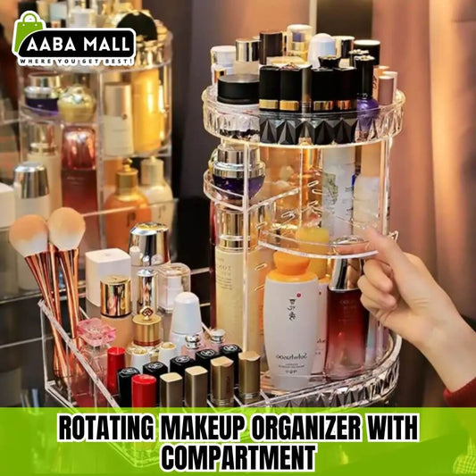 Rotating makeup organizer with various cosmetic products on a blurred background